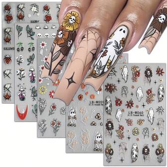 5pcs Dive Into The Halloween Spirit With These Uniquely Designed Nail Stickers! Combining Spooky Elements Like Spiders And Skulls With Charming Strawberries And Sunflowers, They Offer A Fresh Take On Traditional Halloween Nail Art. Transform Your Nails Into A Canvas Of Festive Charm, Perfect For Those Who Want To Showcase A Blend Of Eerie Allure
