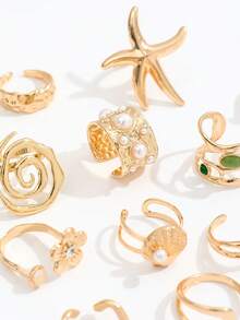 12pcs/Set Boho Ocean Series Starfish, Flower, Faux Pearl, Shell Rings, Asymmetrical Spiral Stacking Rings Set For Women - Gold - View 3