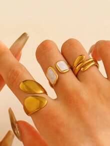 3 件套时尚不对称不锈钢艺术彩绘戒指，适合女性日常佩戴 - 3pc滴油組合 - 查看 6