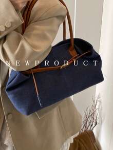 1 pieza Bolso de mano de mezclilla con efecto lavado, bolso de hombro con decoración de correa, cierre magnético - Azul lavado oscuro - Ver 4