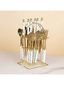 Christmas 24 Piece Set Of Double Bead Marble Patterned Tableware With Storage Rack, 410 Stainless Steel Tableware Knife, Fork, Spoon Set, Light Luxury Nordic Style Tableware, Suitable For Home Kitchens, Restaurants, Hotels, Holiday Gifts Home Decor New Year Gift - Multicolor - View 1