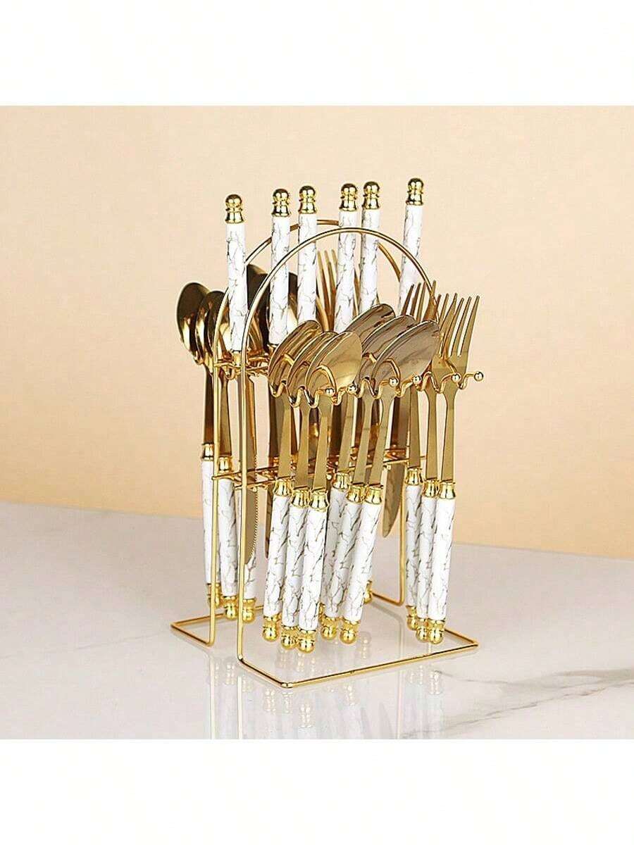 Christmas 24 Piece Set Of Double Bead Marble Patterned Tableware With Storage Rack, 410 Stainless Steel Tableware Knife, Fork, Spoon Set, Light Luxury Nordic Style Tableware, Suitable For Home Kitchens, Restaurants, Hotels, Holiday Gifts Home Decor New Year Gift - Multicolor - View 1