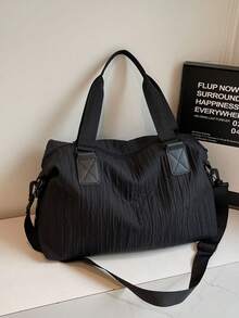 1 件纯色褶皱尼龙单肩托特包，大容量时尚女士手提包，适合度假、旅行、户外运动 - 黑色 - 查看 1