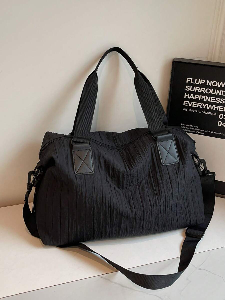 1 件纯色褶皱尼龙单肩托特包，大容量时尚女士手提包，适合度假、旅行、户外运动 - 黑色 - 查看 1