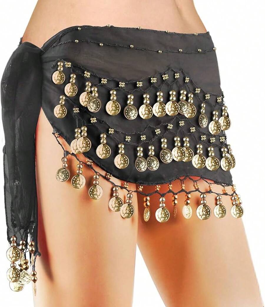 Chiffon Belly Dance Hip Scarf With 128 Coins For Yoga Class - Black - View 1