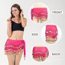 Chiffon Belly Dance Hip Scarf With 128 Coins For Yoga Class - Hot Pink - View 5