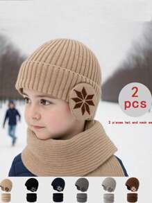 1件装雪花图案儿童护耳帽围巾套装，针织，保暖内衬，加厚，适合冬季户外骑行