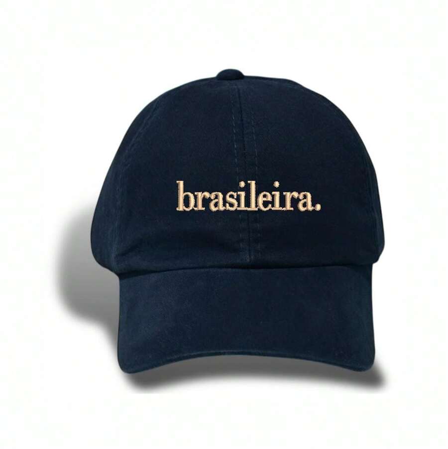 Unisex Dad Hat In 100% Cotton Twill, Personalized Brazilian Curved Brim. - Navy Blue Embroidered Beige - View 1