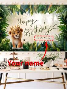 1 Stück Dschungel Thema Geburtstag Hintergrund Tuch - Kann mit Ihrem Namen angepasst werden, Grün Pflanzen & Löwen Design, Benötigt keine Stromversorgung, 6 Größenoptionen, strapazierfähiger Polyesterstoff, geeignet für Innen-/Außendekorationen, saisonale Dekorationen, Partykulisse, Fotoshooting Requisite, Mehrzweck Hintergrundtuch