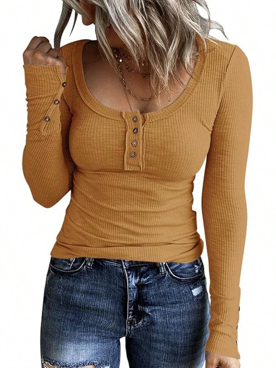 Women's Long Sleeve Henley Shirts Button Down Tops Scoop Neck Ribbed Knit Shirts - 棕色 - 查看 1