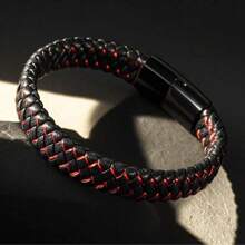 经典简约男士皮革手链，朋克皮革腕带，钛钢编织皮绳