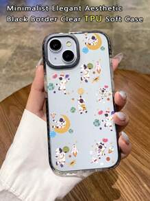 1 件卡通宇航员图案透明手机壳，地球，火箭卡通图案手机壳，透明，柔软 TPU 黑边保护壳，兼容 手机壳 - 彩色 - 查看 1