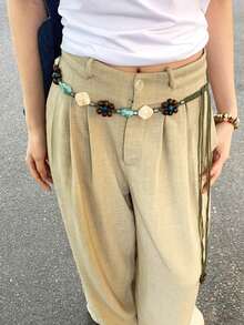 1pc Women's Olive Green Polyester Simple Retro Beaded Design Versatile Tie-Up Waist Rope For Beach Fall, Autumn, Halloween