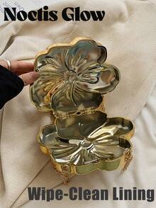 Women's Elegant Mini Flower Shaped Chain Crossbody Bag, Metallic Y2K Style Theme Party Shoulder Bag, Fashionable Novelty Shaped Bags, Versatile Small Mobile Phone Key Coin Purse, Portable Outdoor Travel Vacation Cosmetic Bags, Wear-Resistant Solid-Color Clutch Bag - 金色 - 查看 9