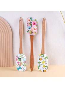 1 Stück Silikonspatel mit Blumenmuster, abnehmbarer Holzgriff, Küchenbackwerkzeug, Kochutensilie für Zuhause