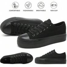 White Platform Sneakers For Women, Low Top Canvas Shoes - Full Black - View 10
