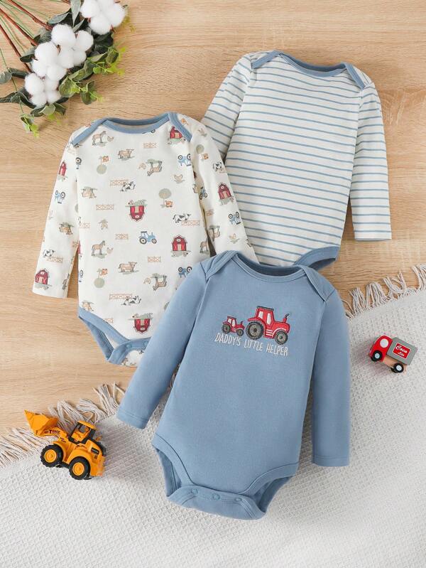 3pcs Baby Boy Long Sleeve Autumn/Winter Cotton Cartoon Cute Romper Set