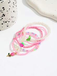5pcs/Set Summer Beaded Pearl Crystal Tulip Charm Bracelet, Cute Element Boho Butterfly Flower Pendant Elastic Bracelet Set, For Beach Vacation