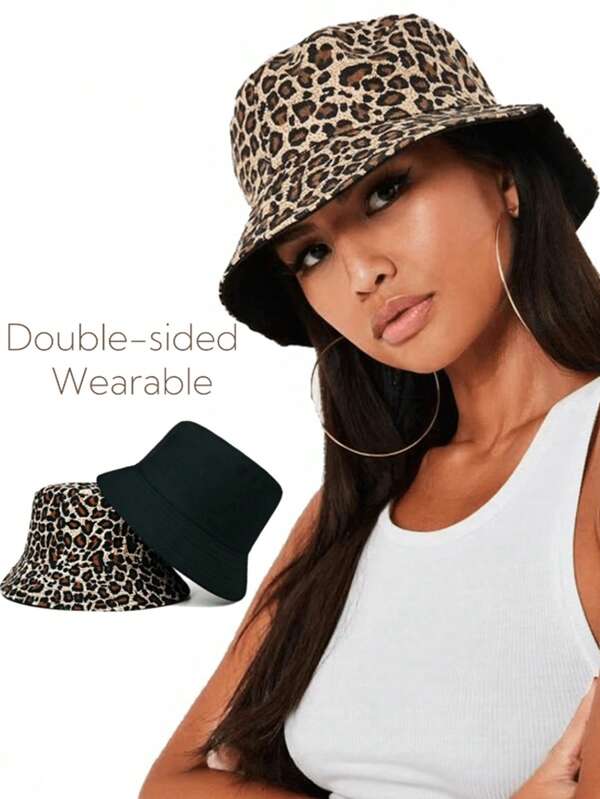 1 szt. Damski odwracalny kapelusz typu bucket z nadrukiem w panterkę/czarny, swobodny kapelusz na zewnątrz do codziennego użytku