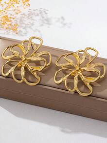 1 Par de Pendientes de Metal con Flores Huecas Grandes de Estilo Europeo y Americano - Amarillo Oro - Ver 3