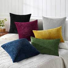 Chenille Throw Pillow Covers 24x24 Inch Set Of 2, Decorative Soft Couch Pillow Covers, Solid Dyed, Farmhouse Style, Neutral Square Pillow Cases Sofa, Home Decor - Xanh nước biển - Xem 5