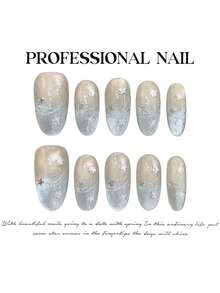 10 件手工指甲蓝色闪光猫眼法式星空星线装饰，中长椭圆形假指甲夏季指甲亚克力按压指甲，含果冻胶和指甲锉，DIY 美甲用品，每日情人节返校海滩必备 - 淺藍色 - 查看 5