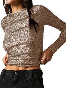 Women Y2k Long Sleeve Sequins Tops Glitter Basic Shirt Casual Pullover For Fall Club Streetwear Aesthetic Clothes - Vàng - Xem 2
