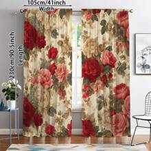 2pcs Glam Style Floral Printed Curtains, Semi-Sheer Polyester Flannel, Machine Washable, Rod Pocket Design, Unlined, Arts & Crafts Theme, With Red And Pink Rose Patterns For Living Room And Bedroom Decor