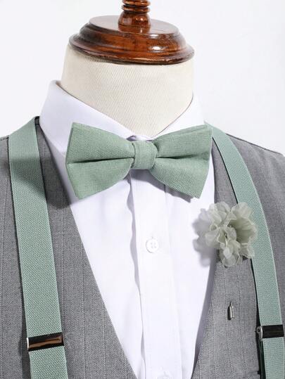 1 Set Men's Fashionable Mint Green Elastic Y-Shaped Suspenders, Bow Tie, And Brooch Flower Accessory Set, Suitable For Casual, School, And Daily Wear
