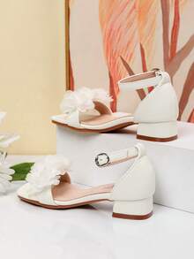 Summer Square Toe Square Heel Floral Decor Sandals, Girls High Heel Dance Shoes, Student Performance & Daily Activity Sandals - White - View 6
