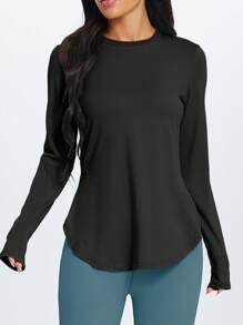 1pc Women's Minimalist Style Soft & Comfortable Versatile Sports Long Sleeve Top, Suitable For Yoga, Outdoor Training, Running With Side Slit - Black - View 3