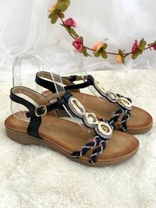 Women's Flat Sandals, Braided Rhinestone Design Beach Sandals, Bohemian Style, Suitable For Summer Vacation. - Black - View 1