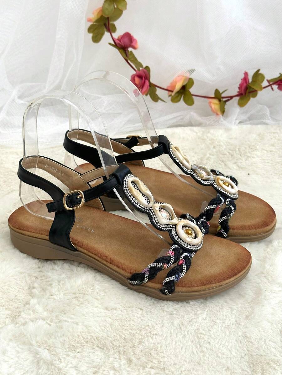 Women's Flat Sandals, Braided Rhinestone Design Beach Sandals, Bohemian Style, Suitable For Summer Vacation. - Black - View 1