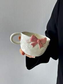 1pc Ins Style 3D Embossed Bowknot Ceramic Mug With Handle, Suitable For Coffee, Milk, Tea, Beverage, Gift For Family And Friends - Multicolor - View 5