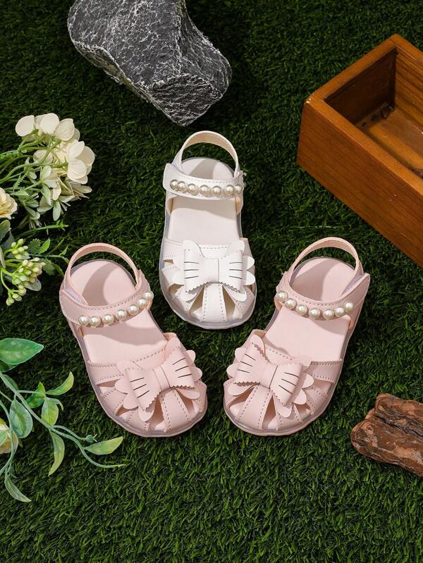 Infant/Toddler Girls' Pearl Bow Decor Hook And Loop Sandals, Simple & Cute, Versatile For Indoor/Outdoor Wear