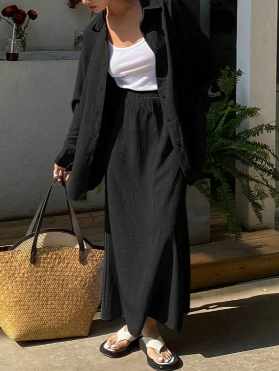 Women's Beach Vacation Casual Solid Color Loose Shirt Dress Set