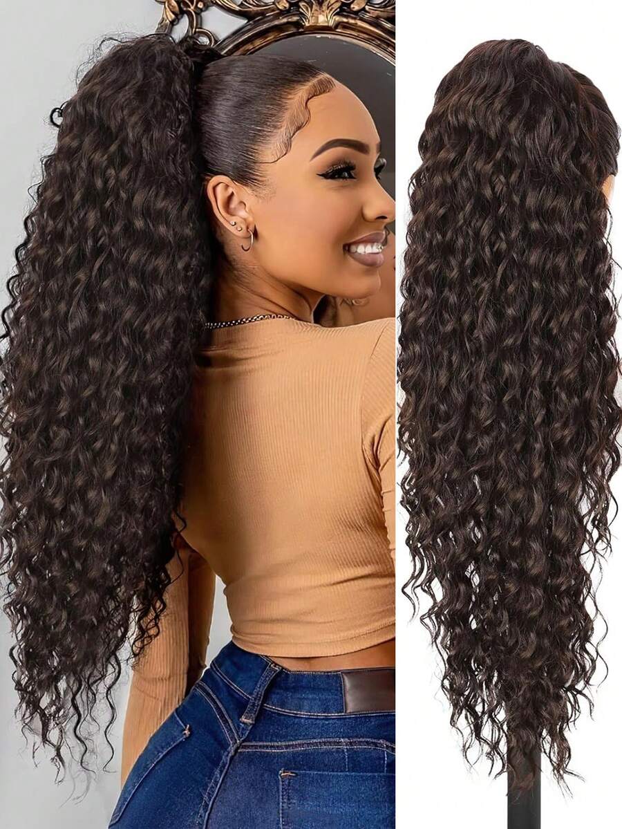 Extensiones de cabello con pinza de 26 pulgadas, onduladas y rizadas, resistentes al calor, color negro