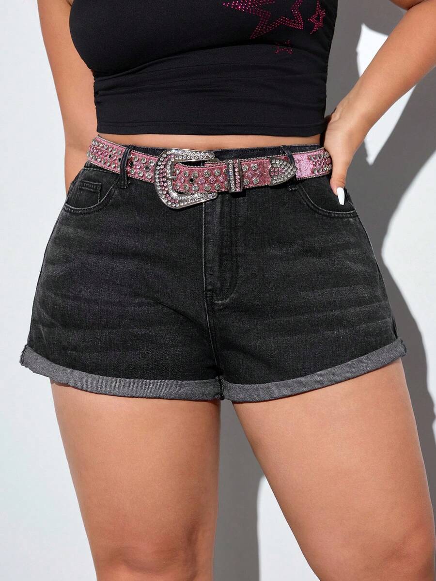 Jeanoix Plus Size Cuffed Denim Shorts, Summer - Black - View 1