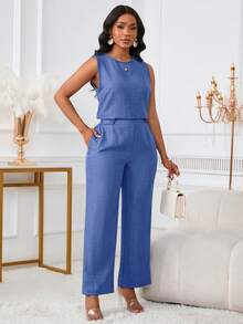 Bộ 2 món dành cho nữ, kiểu dáng thời trang thường ngày, thanh lịch, gồm áo không tay và quần dài có túi xéo và chi tiết cúc, thích hợp cho mùa hè. - màu xanh lam đậm - Xem 7