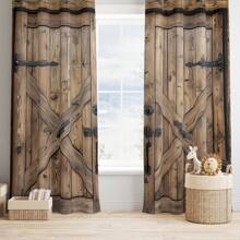 2pcs, Simulated Barn Wooden Door Pattern Window Curtain Rod Pocket, For Living Room, Kitchen, Bedroom, Hotel, Bathroom, Classroom, Dining Room, Home Decor, 3D Printed Cheap Window Shades, Curtains