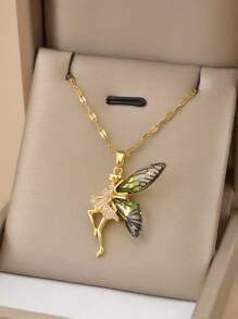 1pc Stainless Steel Fully Rhinestoned Angel Wings Luxury Necklace For Women
