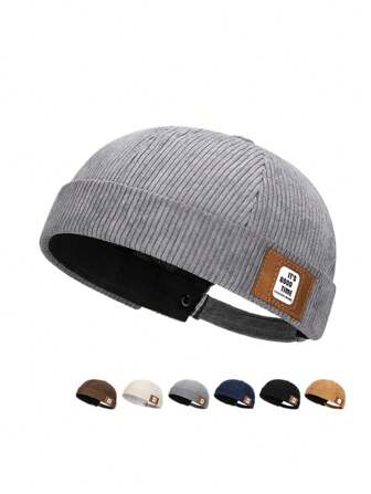 灯芯绒字母贴片无檐帽，复古机车风格平顶唐帽，男女款春秋季时尚圆顶帽