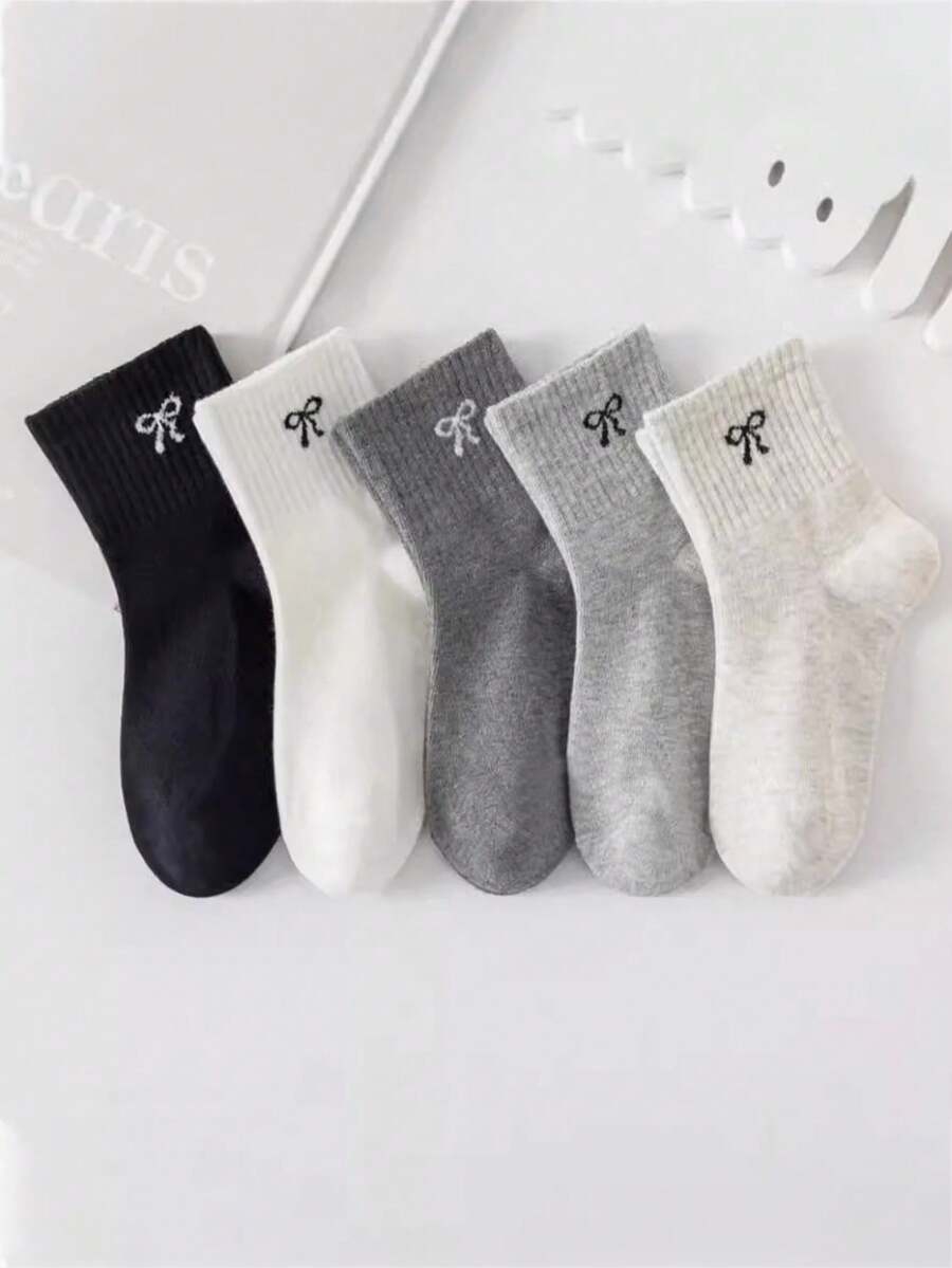 5 双儿童男女款蝴蝶结高弹力运动纯色中筒袜,秋冬款 - 彩色 - 查看 1