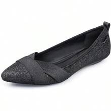 Zapatos planos con punta puntiaguda y brillo, cómodos y casuales con cuña baja, zapatos planos elegantes para mujer - Negro - Ver 1