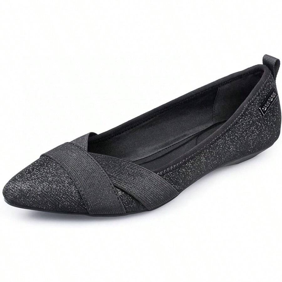Zapatos planos con punta puntiaguda y brillo, cómodos y casuales con cuña baja, zapatos planos elegantes para mujer - Negro - Ver 1