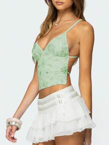 Women's Glitter Sequins Sleeveless Camisole Tops Flower Backless Tie Up V Neck Spaghetti Strap Crop Tank Tops - Green - View 3