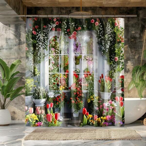 1pc Floral & Plant Print Shower Curtain, Home Decor