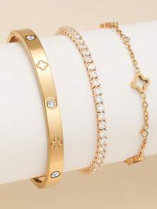 1 件时尚四叶草锆石不锈钢女士手链套装，适合日常佩戴、情侣约会、多场合搭配和送礼 - 金黃色 - 查看 12