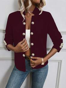 Women Plain Color Button Front Thin Jacket, Spring Autumn - Burgundy - View 3