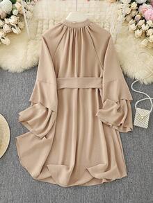 时尚纯色V领不对称系带长袖宽松迷你连衣裙